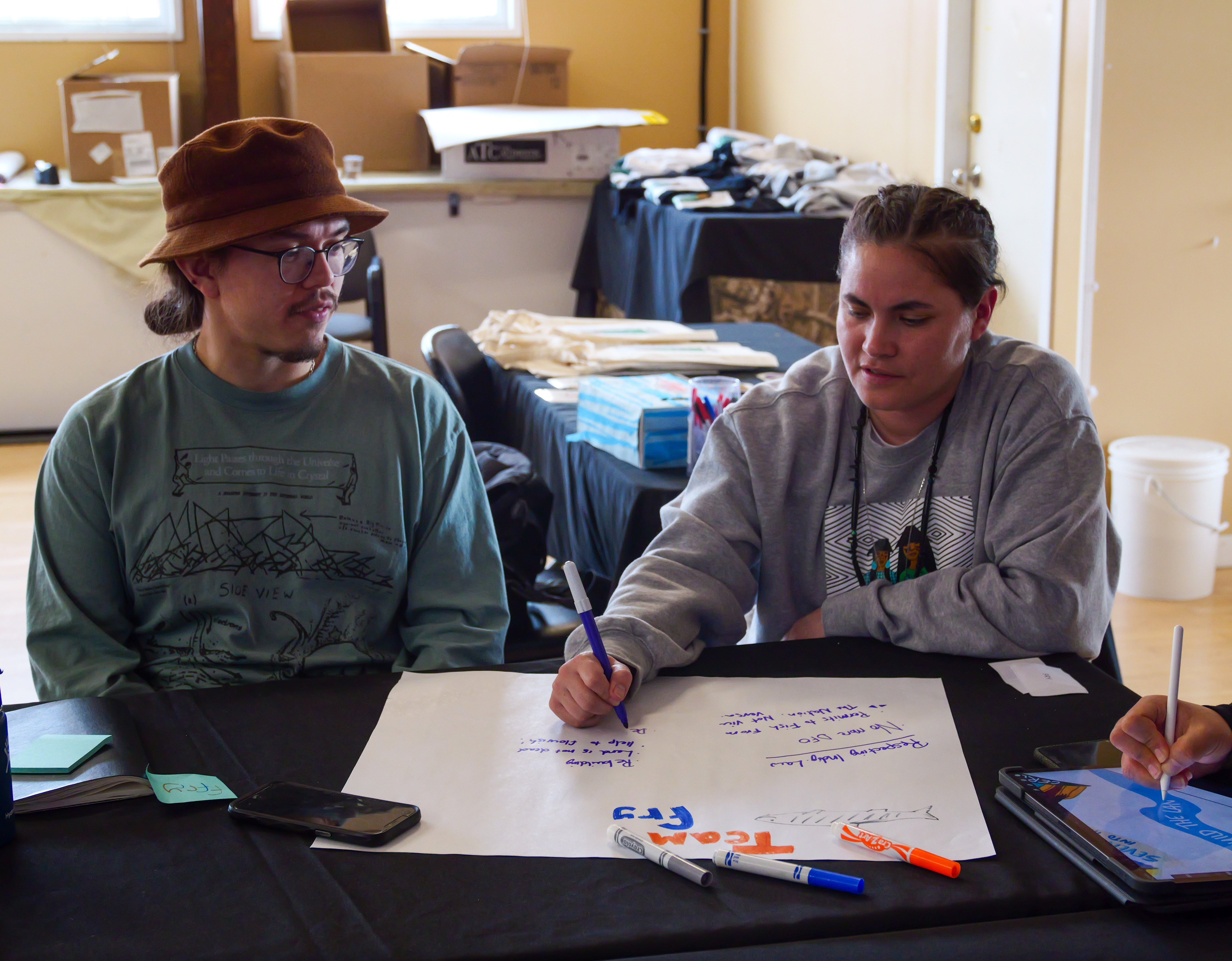 Participants writing notes on flipchart paper during a breakout group